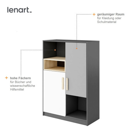 POK PO 06 Regal, 90 cm, mit 2 Türen, Graphit, Buche Ibsen, helles Grau und Weiß, Jugendzimmer