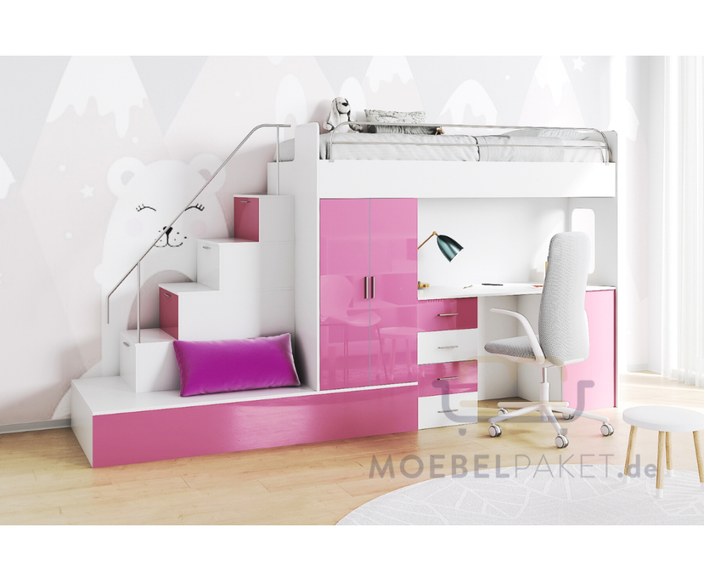 Hochbett, Etagenbett mit 2 Schlafgelegenheiten, Schreibtisch und Kleiderschrank in Hochglanz, Farbvarianten, MAJA 5 Hochbett, Etagenbett mit 2 Schlafgelegenheiten, Schreibtisch und Kleiderschrank in Hochglanz, Farbvarianten, MAJA 5