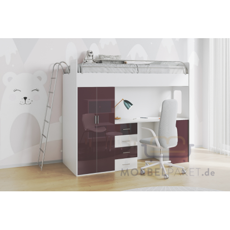 Hochbett, Etagenbett mit Schreibtisch, Bett, Kleiderschrank und Steigleiter,in Hochglanz, Farbvarianten, MAJA 4D