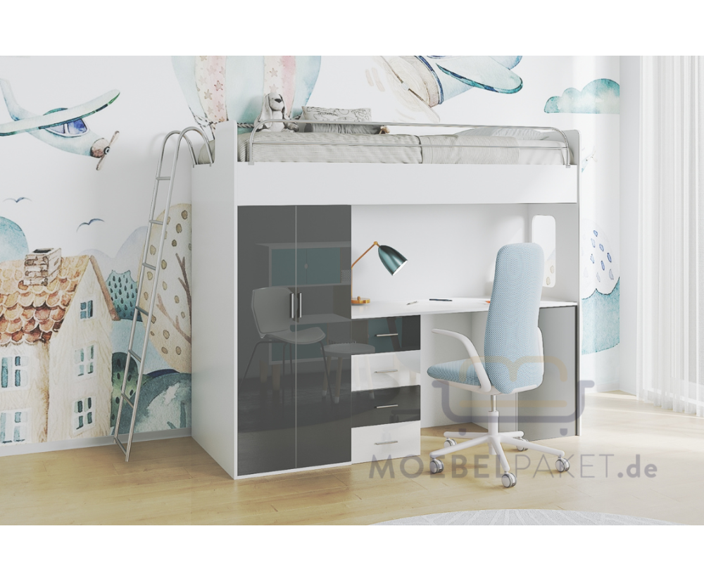 Hochbett, Etagenbett mit Schreibtisch, Bett, Kleiderschrank und Steigleiter,in Hochglanz, Farbvarianten, MAJA 4D Hochbett, Etagenbett mit Schreibtisch, Bett, Kleiderschrank und Steigleiter,in Hochglanz, Farbvarianten, MAJA 4D