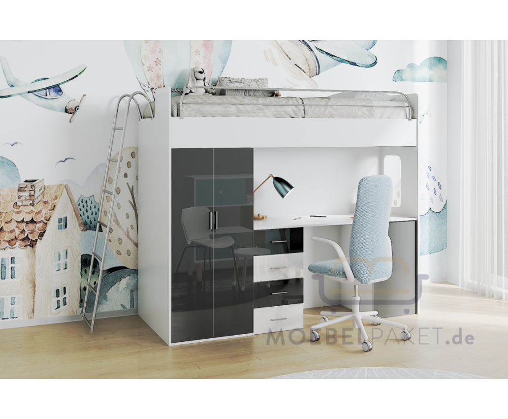 Hochbett, Etagenbett mit Schreibtisch, Bett, Kleiderschrank und Steigleiter,in Hochglanz, Farbvarianten, MAJA 4D Hochbett, Etagenbett mit Schreibtisch, Bett, Kleiderschrank und Steigleiter,in Hochglanz, Farbvarianten, MAJA 4D