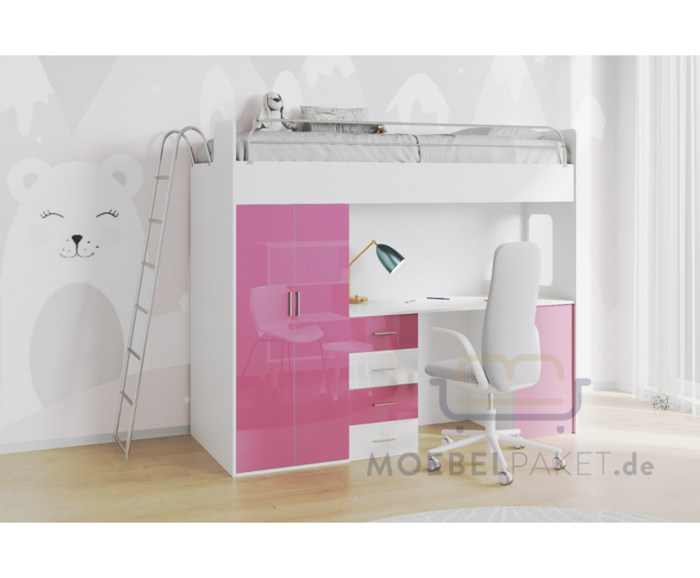 Hochbett, Etagenbett mit Schreibtisch, Bett, Kleiderschrank und Steigleiter,in Hochglanz, Farbvarianten, MAJA 4D Hochbett, Etagenbett mit Schreibtisch, Bett, Kleiderschrank und Steigleiter,in Hochglanz, Farbvarianten, MAJA 4D