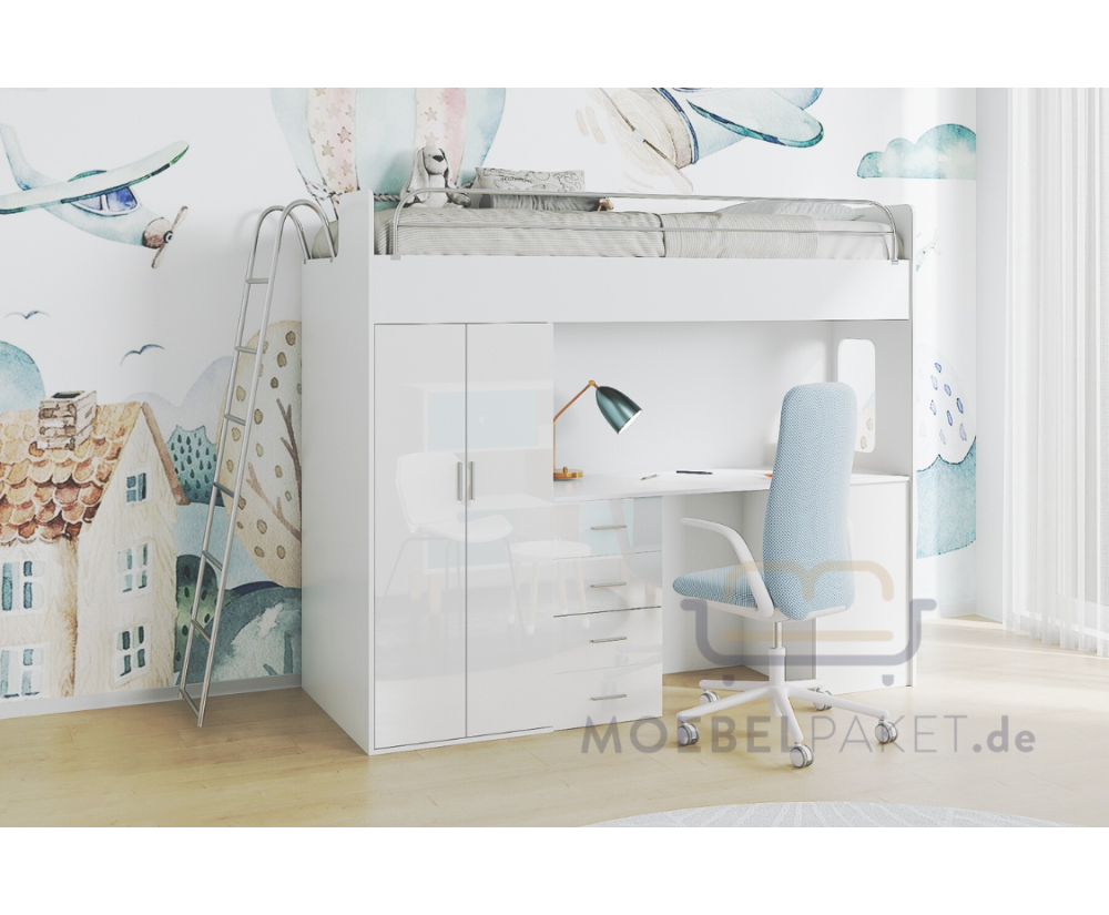 Hochbett, Etagenbett mit Schreibtisch, Bett, Kleiderschrank und Steigleiter,in Hochglanz, Farbvarianten, MAJA 4D Hochbett, Etagenbett mit Schreibtisch, Bett, Kleiderschrank und Steigleiter,in Hochglanz, Farbvarianten, MAJA 4D