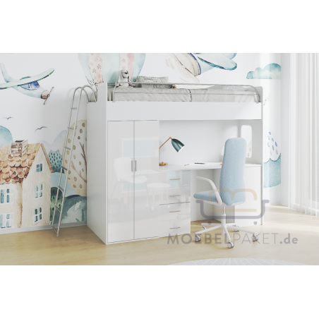 Hochbett, Etagenbett mit Schreibtisch, Bett, Kleiderschrank und Steigleiter,in Hochglanz, Farbvarianten, MAJA 4D