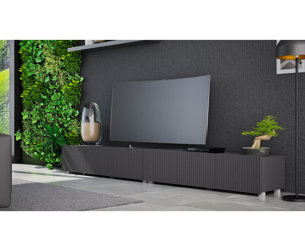 Lowboard TV 150 cm, gefräste Fronten, TV Schrank schwarz, KOLDER