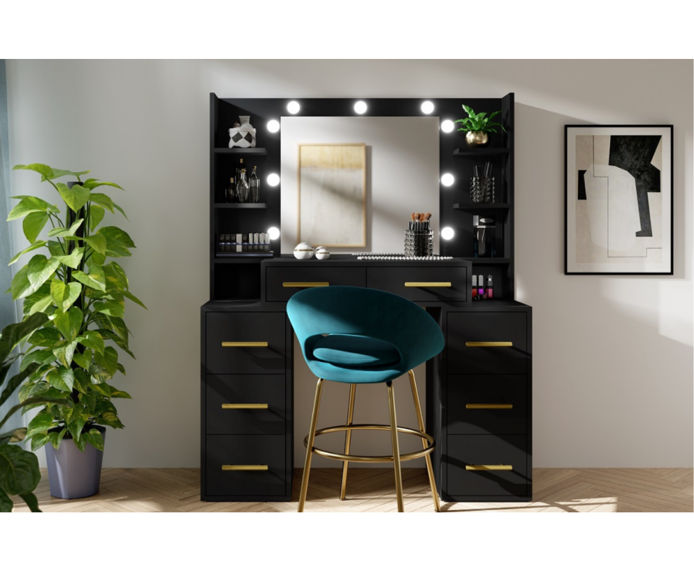 SCHNELLER VERSAND! Schminktisch mit LED-Beleuchtung und Spiegel, Kosmetiktisch Glamour, schwarz, MILLA