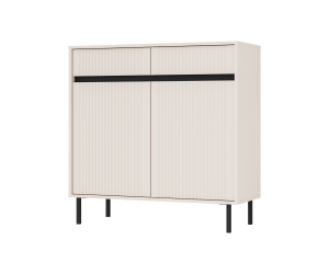 Kommode 102 cm zweitürig, mit Schubladen, schwarze Metallfüße, Lamellen-Fronten, sandbeige, ASTIR