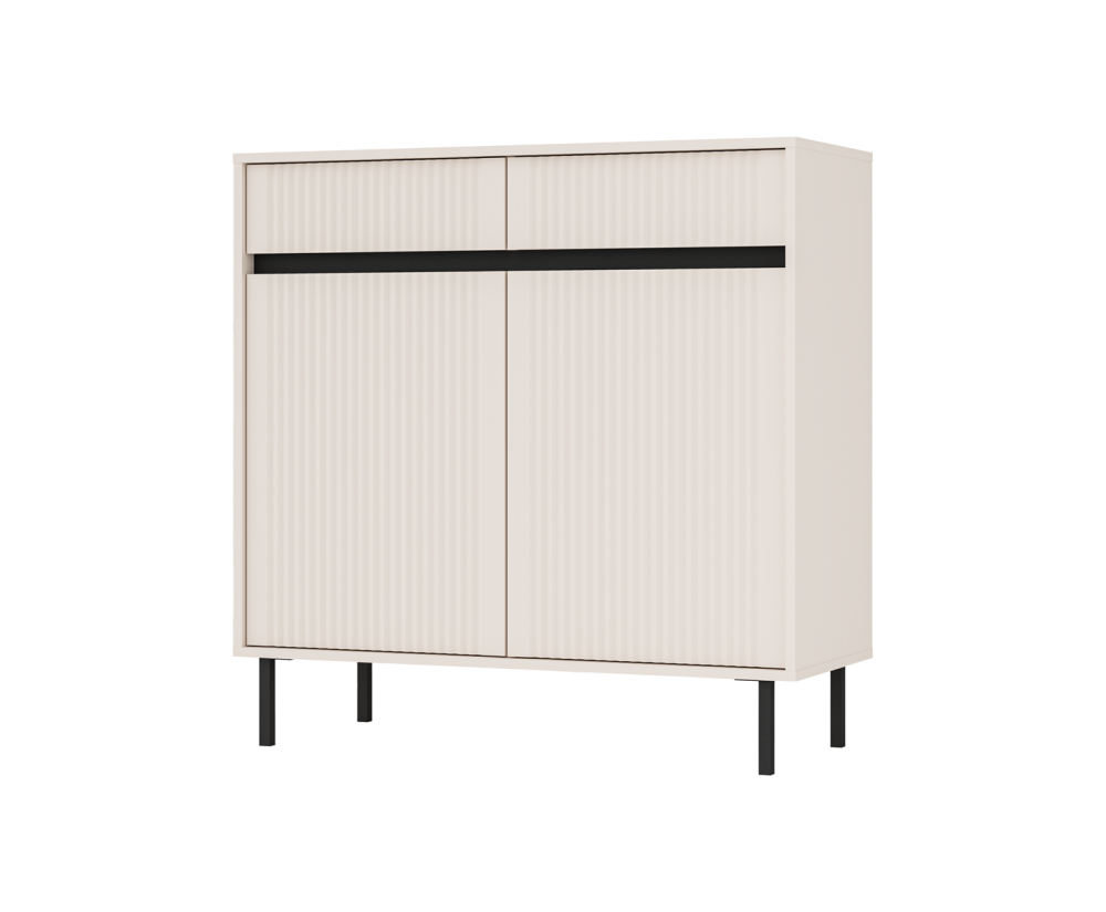 Kommode 102 cm zweitürig, mit Schubladen, schwarze Metallfüße, Lamellen-Fronten, sandbeige, ASTIR