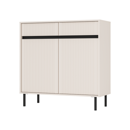 Kommode 102 cm zweitürig, mit Schubladen, schwarze Metallfüße, Lamellen-Fronten, sandbeige, ASTIR