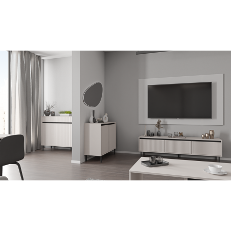 Kommode 148 cm, dreitürig, mit Schubladen, schwarze Metallfüße, Lamellen-Fronten, sandbeige, ASTIR