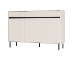 Kommode 148 cm, dreitürig, mit Schubladen, schwarze Metallfüße, Lamellen-Fronten, sandbeige, ASTIR
