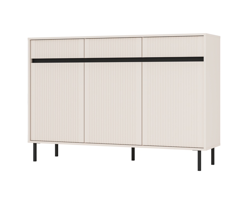 Kommode 148 cm, dreitürig, mit Schubladen, schwarze Metallfüße, Lamellen-Fronten, sandbeige, ASTIR