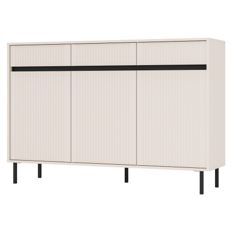 Kommode 148 cm, dreitürig, mit Schubladen, schwarze Metallfüße, Lamellen-Fronten, sandbeige, ASTIR