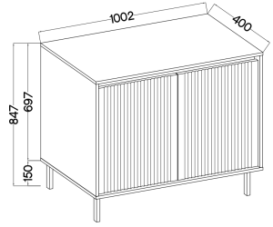 Niedrige Kommode 102 cm, zweitürig, schwarze Metallfüße, Lamellen-Fronten, sandbeige, ASTIR