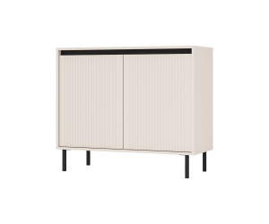Niedrige Kommode 102 cm, zweitürig, schwarze Metallfüße, Lamellen-Fronten, sandbeige, ASTIR