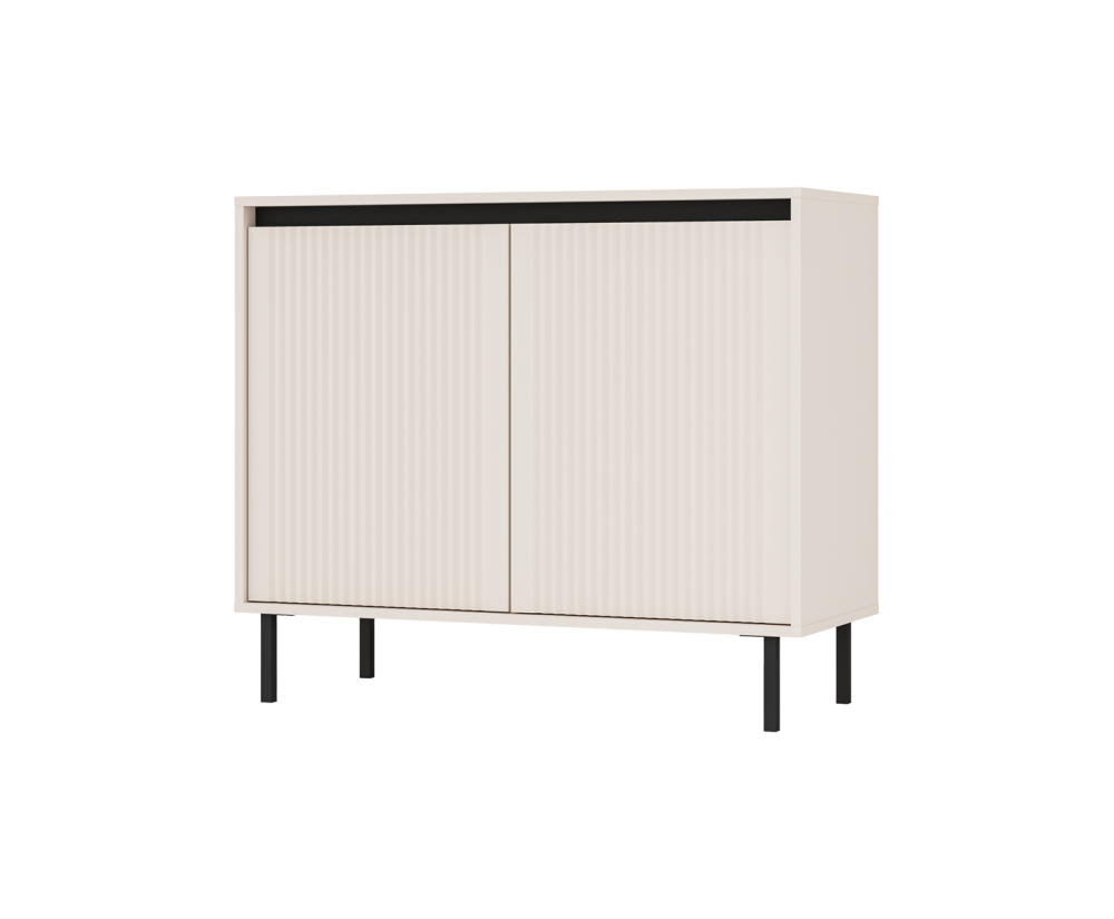 Niedrige Kommode 102 cm, zweitürig, schwarze Metallfüße, Lamellen-Fronten, sandbeige, ASTIR