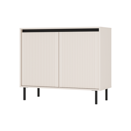 Niedrige Kommode 102 cm, zweitürig, schwarze Metallfüße, Lamellen-Fronten, sandbeige, ASTIR