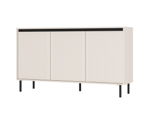 Niedrige Kommode 148 cm, dreitürig, schwarze Metallfüße, Lamellen-Fronten, sandbeige, ASTIR