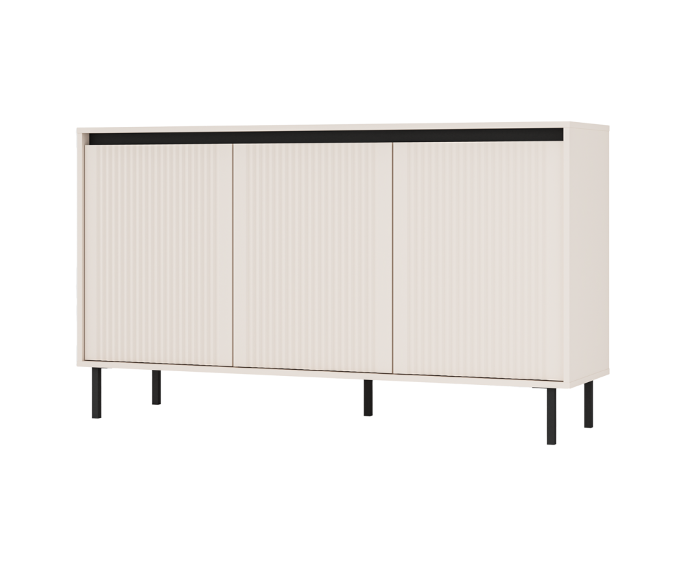 Niedrige Kommode 148 cm, dreitürig, schwarze Metallfüße, Lamellen-Fronten, sandbeige, ASTIR