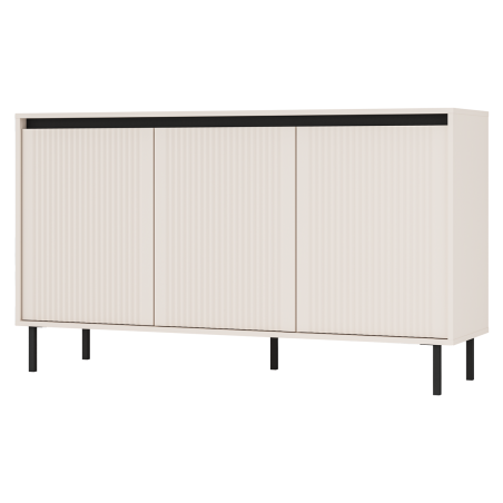 Niedrige Kommode 148 cm, dreitürig, schwarze Metallfüße, Lamellen-Fronten, sandbeige, ASTIR