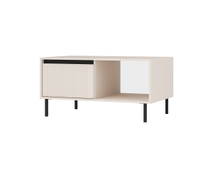 Couchtisch mit einer Schublade, Kaffeetisch, schwarze Metallfüße, Lamellen-Fronten, sandbeige, ASTIR