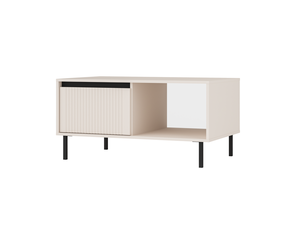 Couchtisch mit einer Schublade, Kaffeetisch, schwarze Metallfüße, Lamellen-Fronten, sandbeige, ASTIR