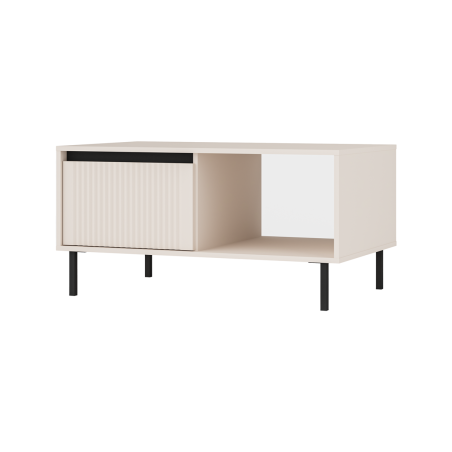 Couchtisch mit einer Schublade, Kaffeetisch, schwarze Metallfüße, Lamellen-Fronten, sandbeige, ASTIR