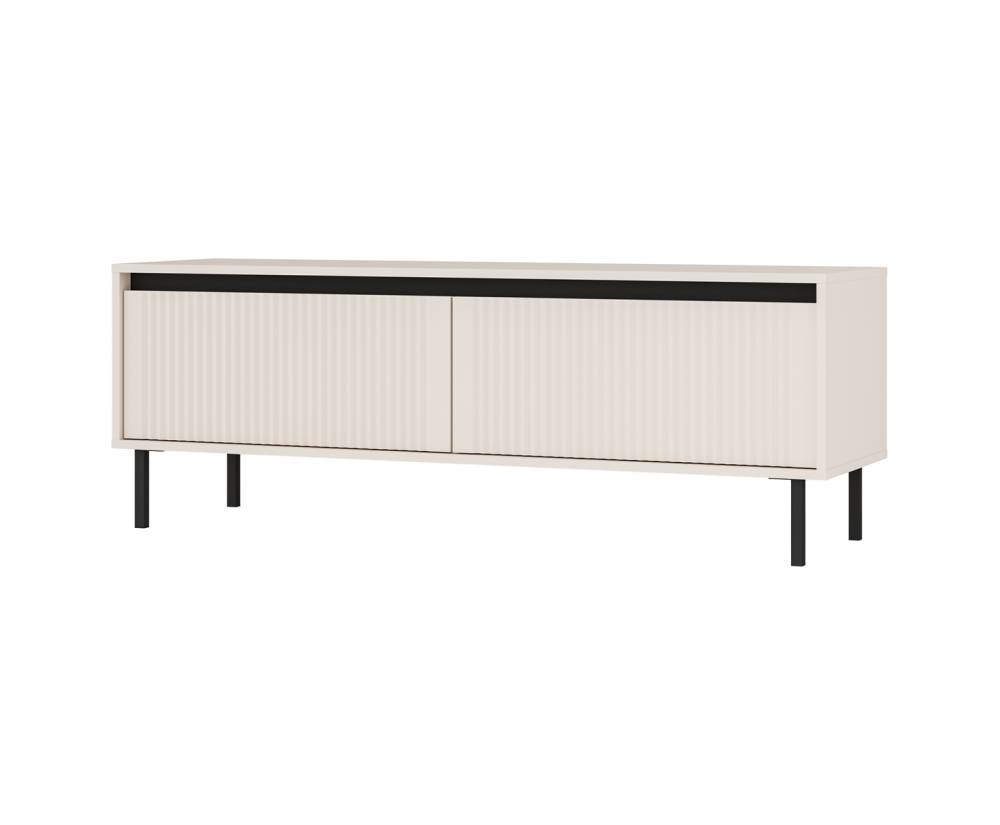 TV-Board, TV-Schrank 140 cm mit Schubladen, schwarze Metallfüße, Lamellen-Fronten, sandbeige, ASTIR