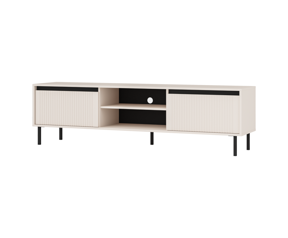 TV-Board, TV-Schrank 178 cm, mit Schubladen, schwarze Metallfüße, Lamellen-Fronten, sandbeige, ASTIR