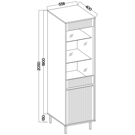 ASTIR Hochvitrine 205 cm schwarze Metallfüße, Lamellen-Fronten, Eiche Evoke