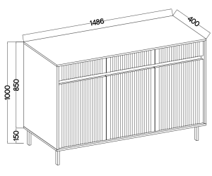 Kommode 148 cm, dreitürig, mit Schubladen, schwarze Metallfüße, Lamellen-Fronten, Eiche Evoke, ASTIR