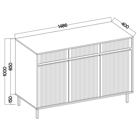 Kommode 148 cm, dreitürig, mit Schubladen, schwarze Metallfüße, Lamellen-Fronten, Eiche Evoke, ASTIR