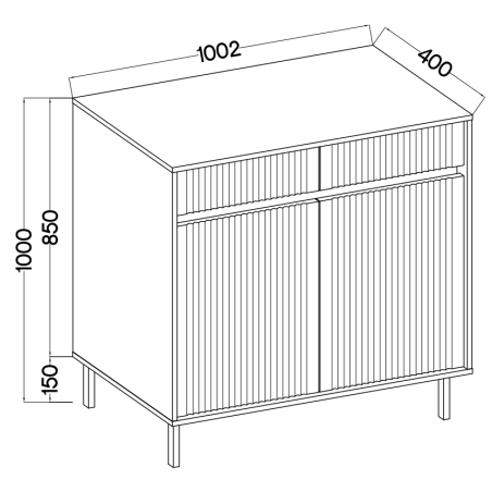 ASTIR Kommode 102 cm zweitürig, mit Schubladen, schwarze Metallfüße, Lamellen-Fronten Eiche Evoke