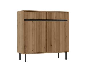 ASTIR Kommode 102 cm zweitürig, mit Schubladen, schwarze Metallfüße, Lamellen-Fronten Eiche Evoke