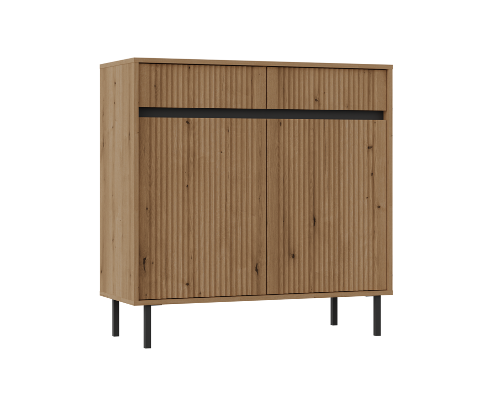 ASTIR Kommode 102 cm zweitürig, mit Schubladen, schwarze Metallfüße, Lamellen-Fronten Eiche Evoke