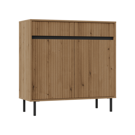ASTIR Kommode 102 cm zweitürig, mit Schubladen, schwarze Metallfüße, Lamellen-Fronten Eiche Evoke