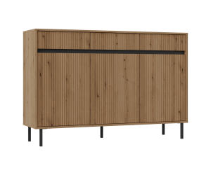 Kommode 148 cm, dreitürig, mit Schubladen, schwarze Metallfüße, Lamellen-Fronten, Eiche Evoke, ASTIR