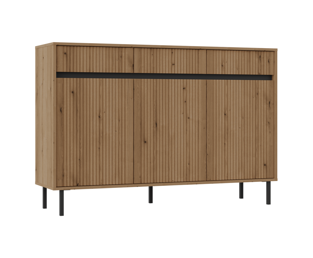 Kommode 148 cm, dreitürig, mit Schubladen, schwarze Metallfüße, Lamellen-Fronten, Eiche Evoke, ASTIR