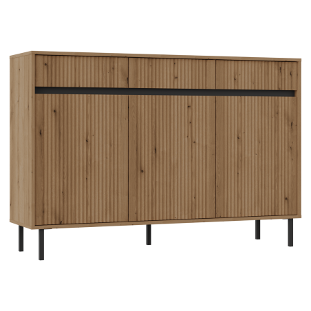 Kommode 148 cm, dreitürig, mit Schubladen, schwarze Metallfüße, Lamellen-Fronten, Eiche Evoke, ASTIR