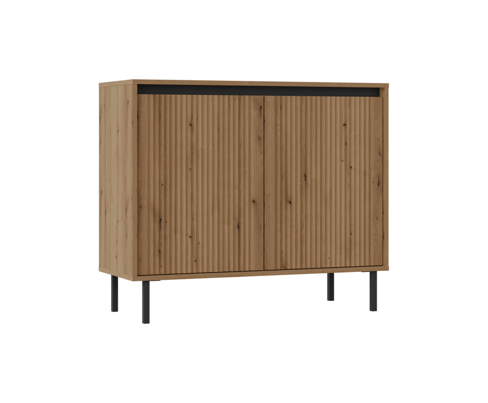 Kommode 102 cm, zweitürig, schwarze Metallfüße, Lamellen-Fronten, Eiche Evoke, ASTIR