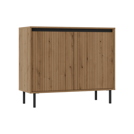 Kommode 102 cm, zweitürig, schwarze Metallfüße, Lamellen-Fronten, Eiche Evoke, ASTIR