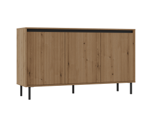Kommode 148 cm, dreitürig, schwarze Metallfüße, Lamellen-Fronten, Eiche Evoke, ASTIR