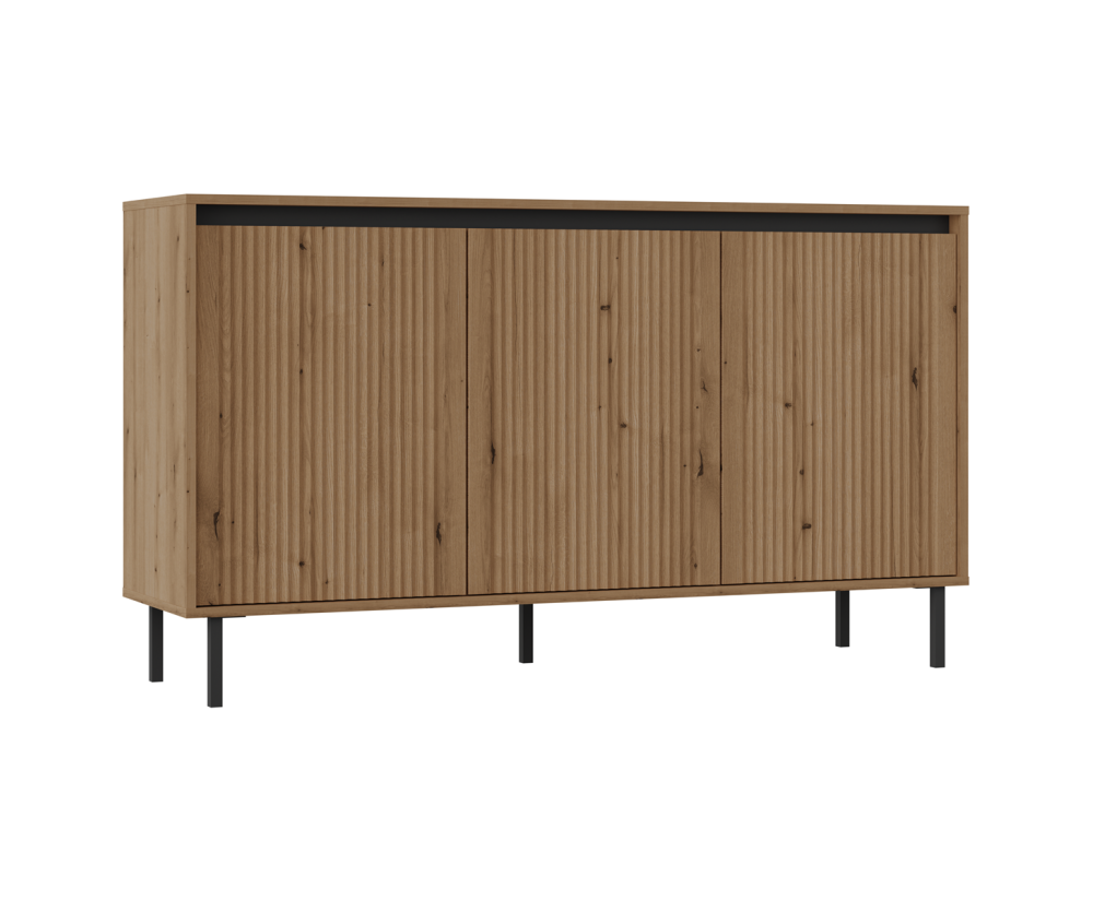 Kommode 148 cm, dreitürig, schwarze Metallfüße, Lamellen-Fronten, Eiche Evoke, ASTIR