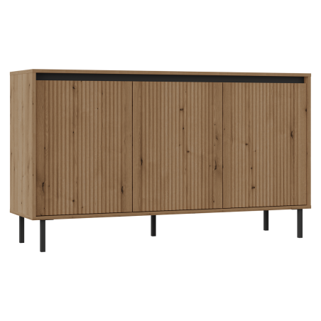 Kommode 148 cm, dreitürig, schwarze Metallfüße, Lamellen-Fronten, Eiche Evoke, ASTIR
