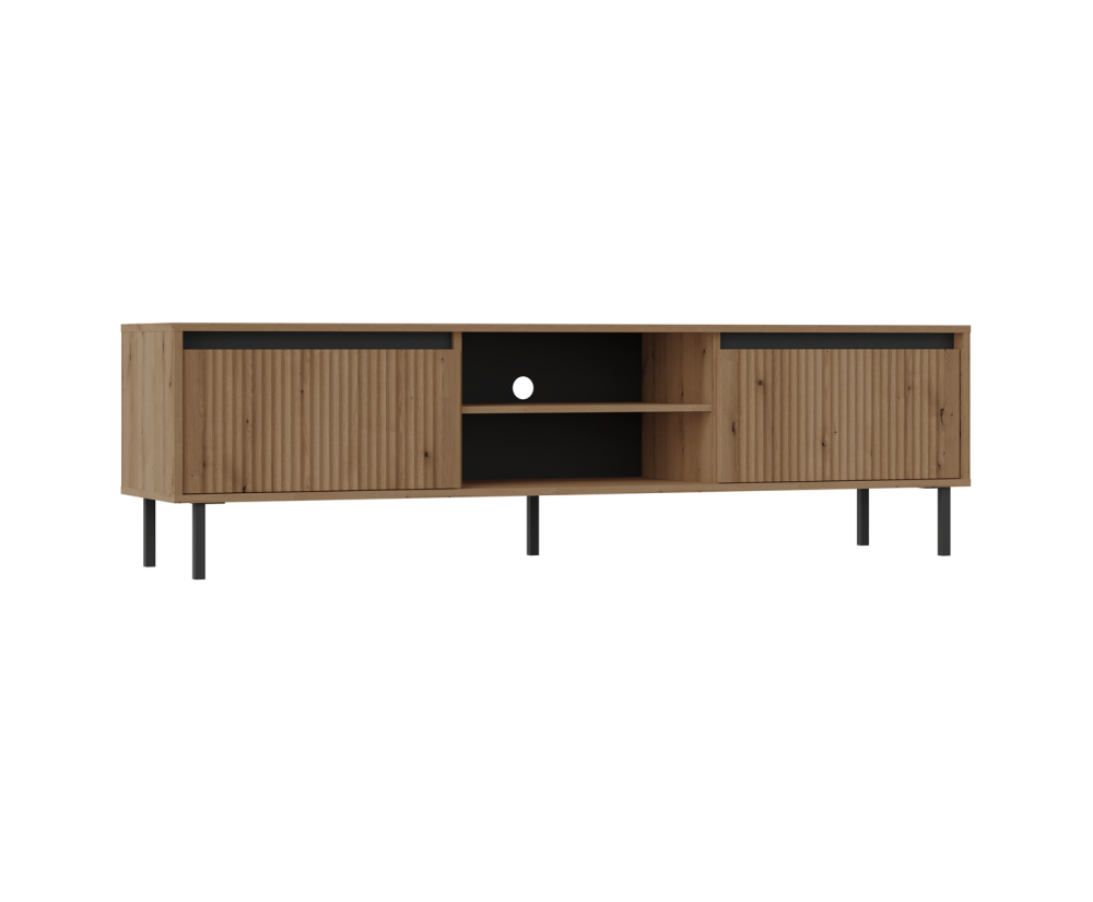 TV-Board, TV-Schrank 178 cm, mit Schubladen, schwarze Metallfüße, Lamellen-Fronten, Eiche Evoke, ASTIR
