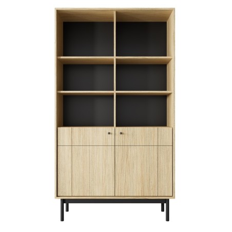 PAXOS 104 Hochregal, Bücherregal, Standregal mit Schrank und offenen Ablagefächern, gefräste Fronten, Eiche Linea