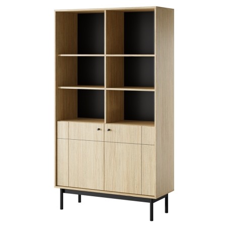 PAXOS 104 Hochregal, Bücherregal, Standregal mit Schrank und offenen Ablagefächern, gefräste Fronten, Eiche Linea