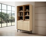 Hochregal, Bücherregal, Standregal mit Schrank und offenen Ablagefächern, gefräste Fronten, Eiche Linea, PAXOS 104