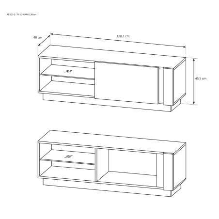 TV-Schrank, TV-Board 138 cm mit Glasablage, optional mit LED-Beleuchtung, weiß + Grandson Eiche, ARKOS G