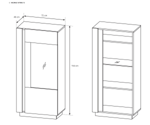 ARKOS C Niedrige Vitrine 72 cm, mit Glasablage, optional mit LED-Beleuchtung, weiß glänzend + Grandson Eiche
